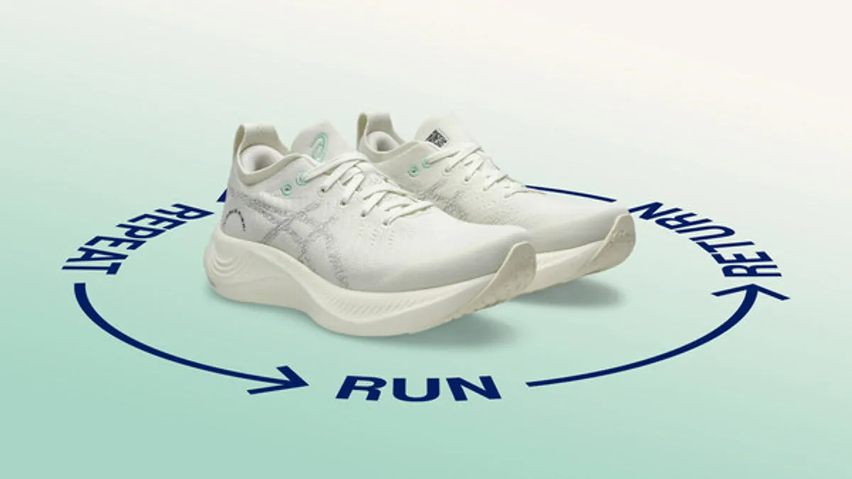 A brand image of Asics' reusable shoe ready to be recycled.