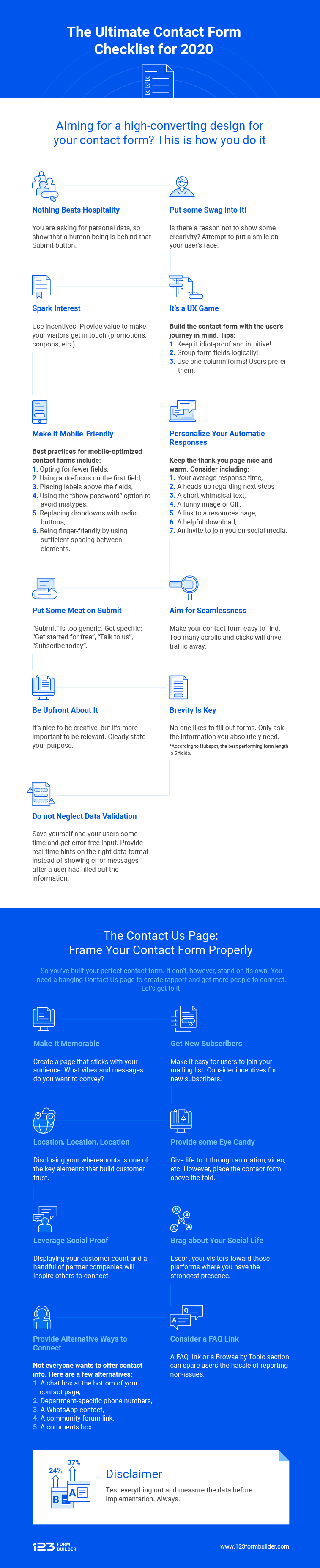 Infographic lists contact page tips and notes