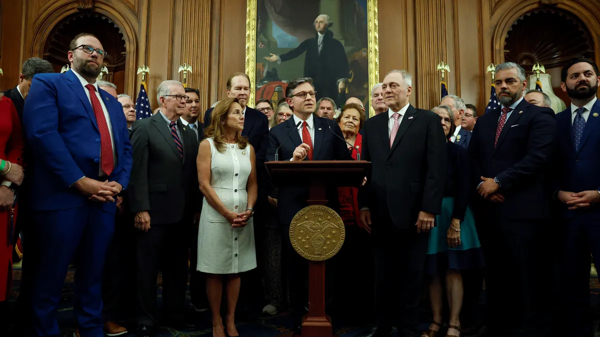 Speaker of the House Mike Johnson, R-L.A., delivers remarks during an enrollment ceremony for H.R. 1, the One, Big, Beautiful Bill Act, at the U.S. Capitol on July 03.