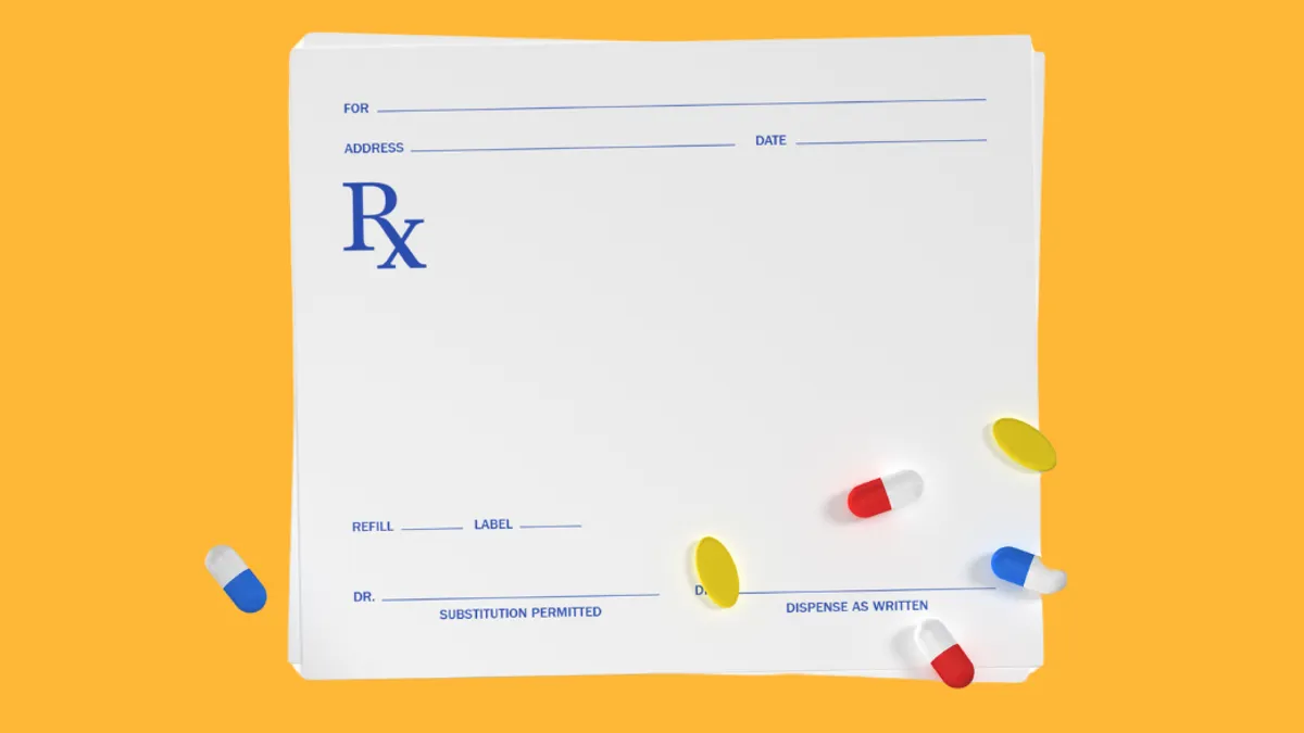 Graphic of an empty prescription pad with scattered pills on a bright orange background.