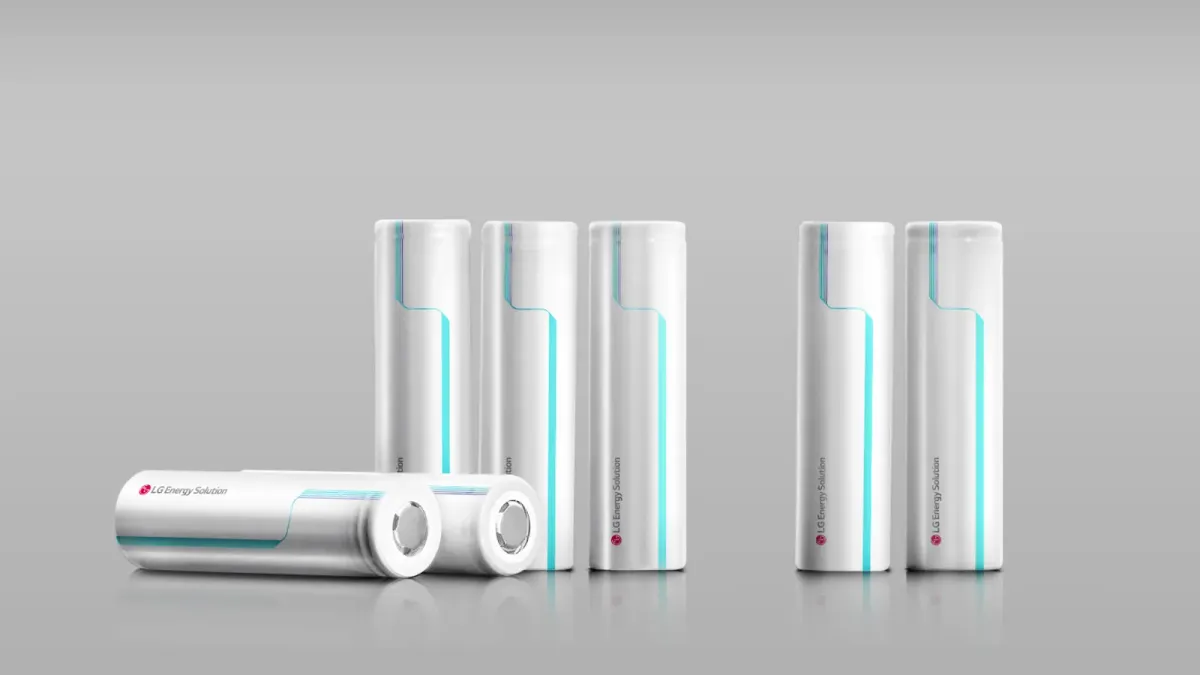 Seven cylindrical batteries with the LG Energy Solution logo printed on the housing.