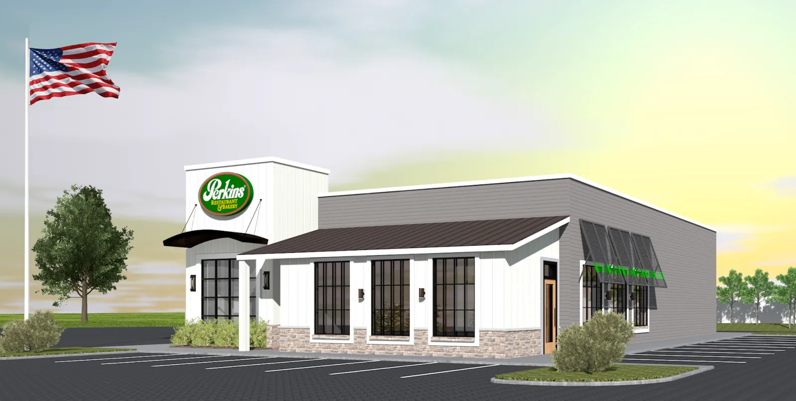 A rendering of a Perkins restaurant with a gray paint job