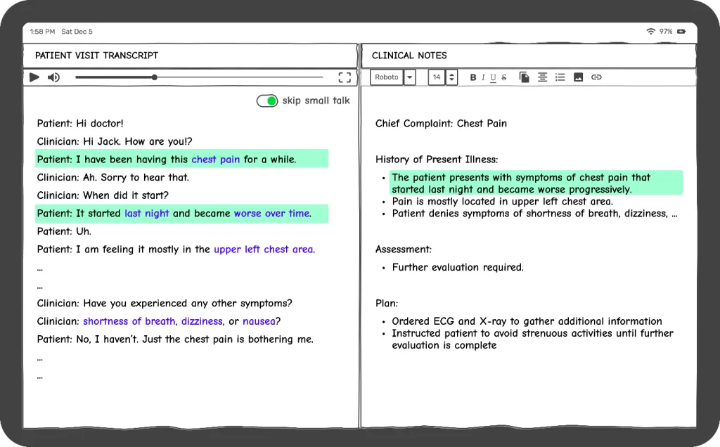 A patient-doctor conversation before and after being run through AWS HealthBridge.