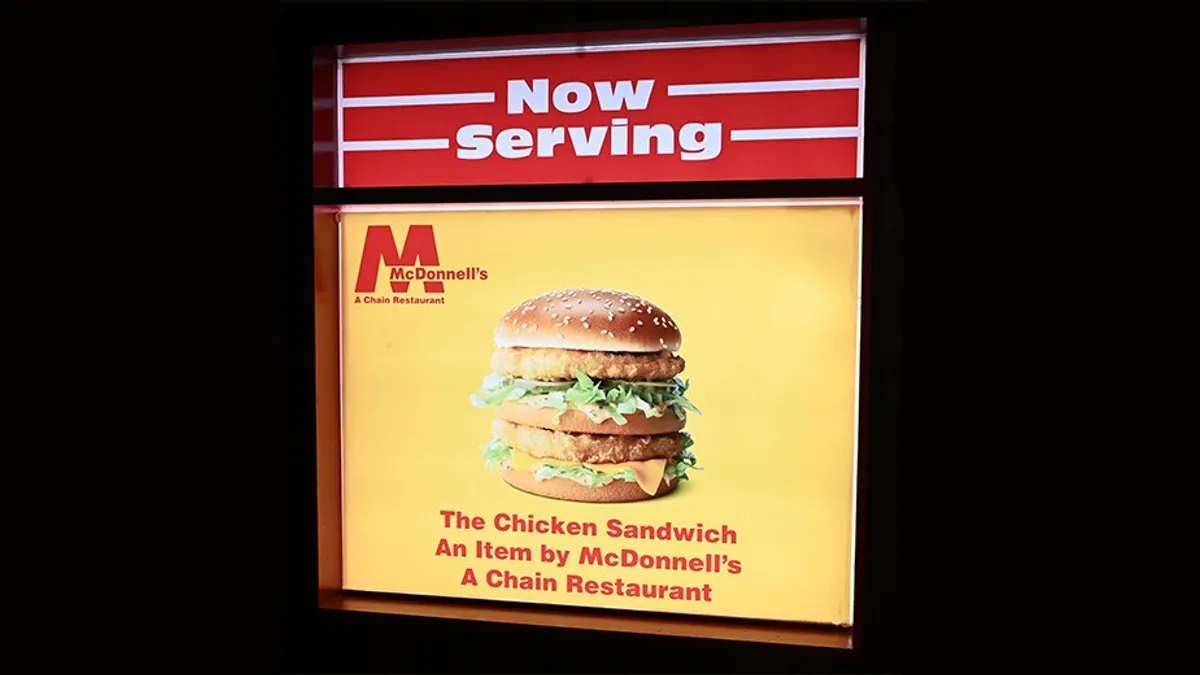 An image of a chicken big mac sold by a McDonald's duplicate set up by the chain to promote the sandwich