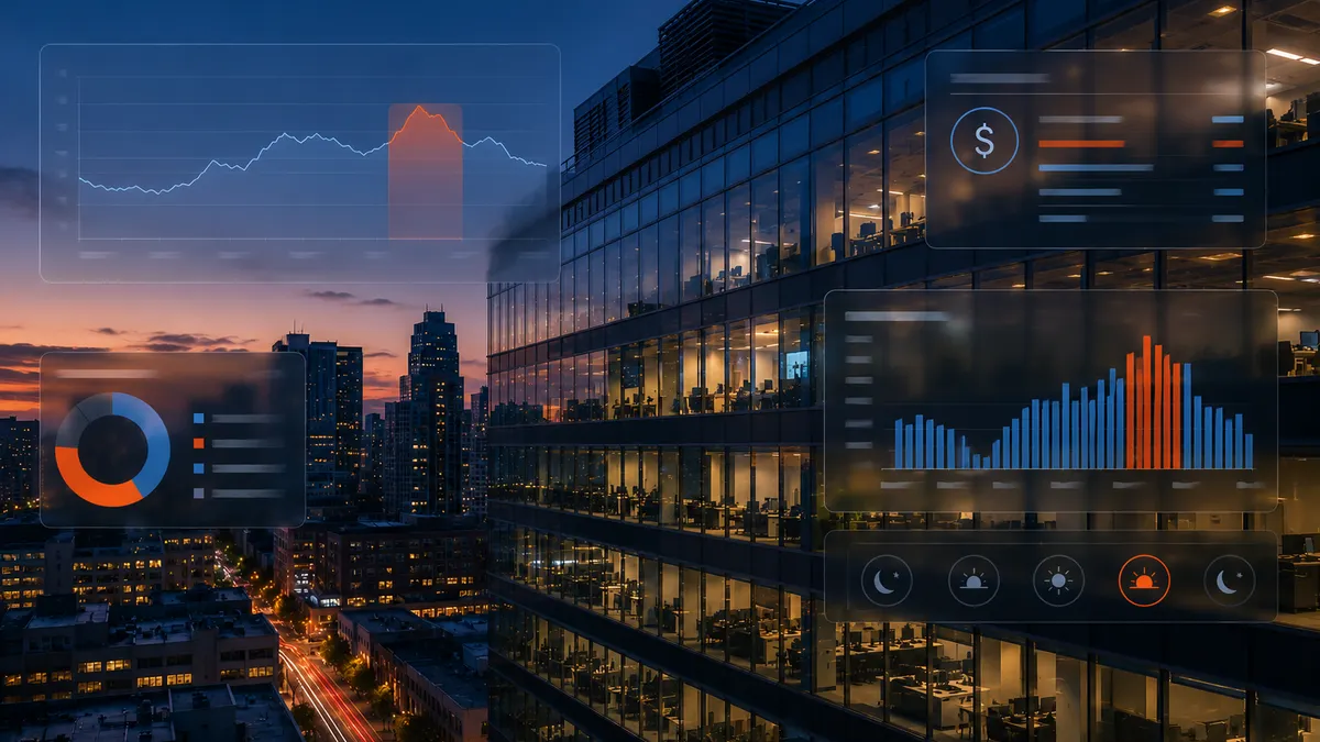 AI generated image of data graphs with skyscrapers in the background