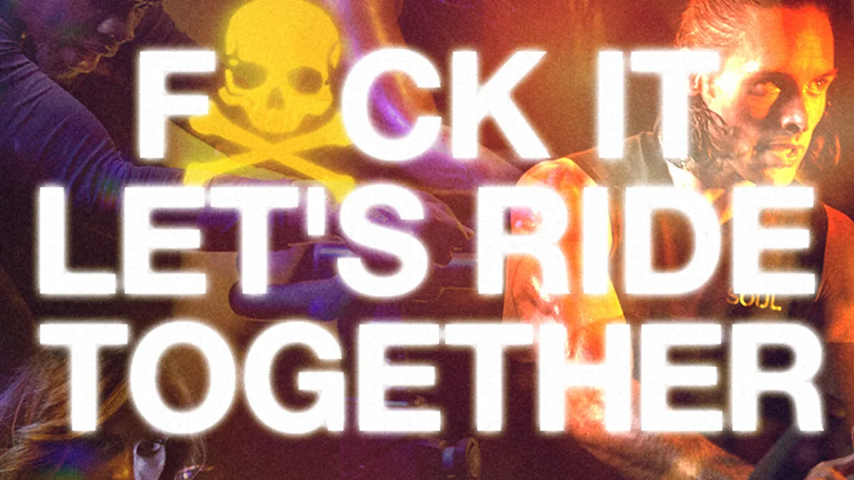 Image promoting SoulCycle's latest program that reads, "F*** it, Let's Ride Together," with a backdrop of people working out.