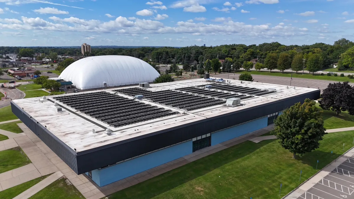 Solar panels atop Aldrich Arena in Ramsey County, Minnesota.
