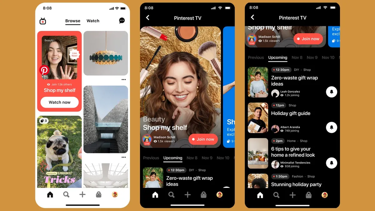 Shot of three mobile screens with different tiles illustrating Pinterest TV.