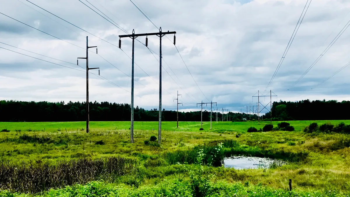 Power lines crossing a green field.