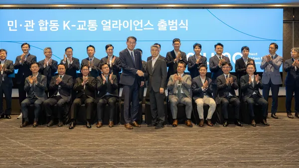 Several dozen stakeholders pose for a photo in Seoul on Sept. 1, to mark the official launch of Hyundai's Next Urban Mobility Alliance.