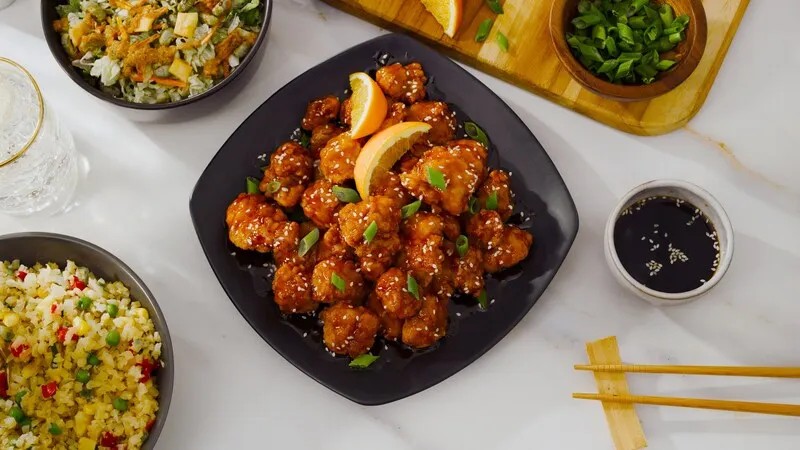 Kroger's private label orange chicken meal option plated