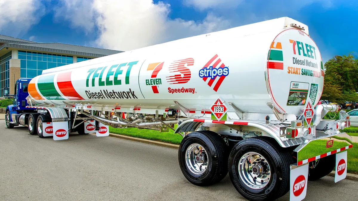 A photo of a tanker truck in a parking lot. The side of the truck says "&Fleet Diesel Network," "7-Eleven," "Speedway" and "Stripes."