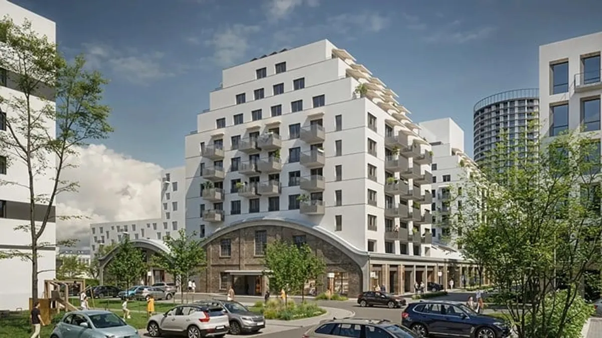 A rendering of a building with multiple balconies.