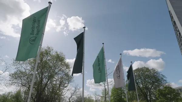 A flag bearing the words Boehringer Ingelheim flaps in the breeze.