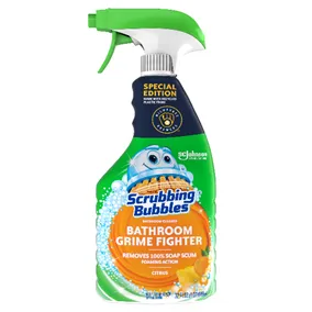 Special edition Scrubbing Bubbles bathroom-cleaning spray made partly from recycled plastic from cups used at Milwaukee Brewers games