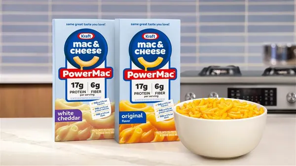 Boxes of Kraft Heinz's PowerMac mac and cheese.