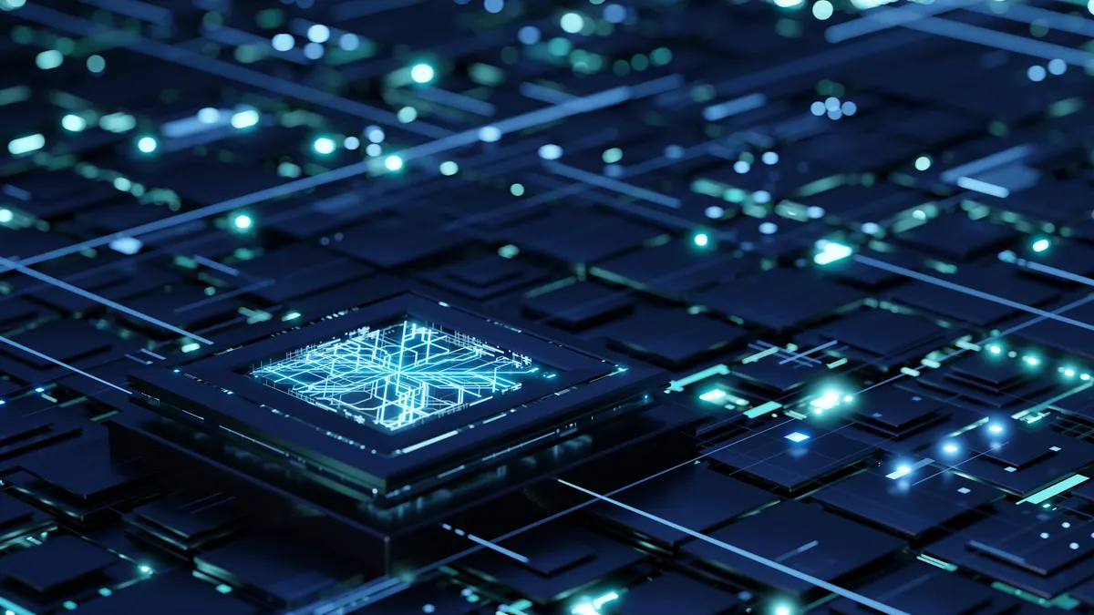 Futuristic central processor unit on the abstract motherboard with blue lights and rays as symbol of data transfers.