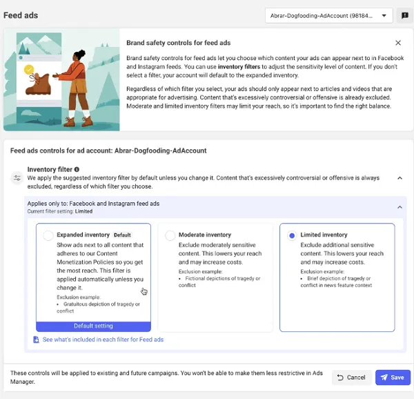 Meta ad placement controls