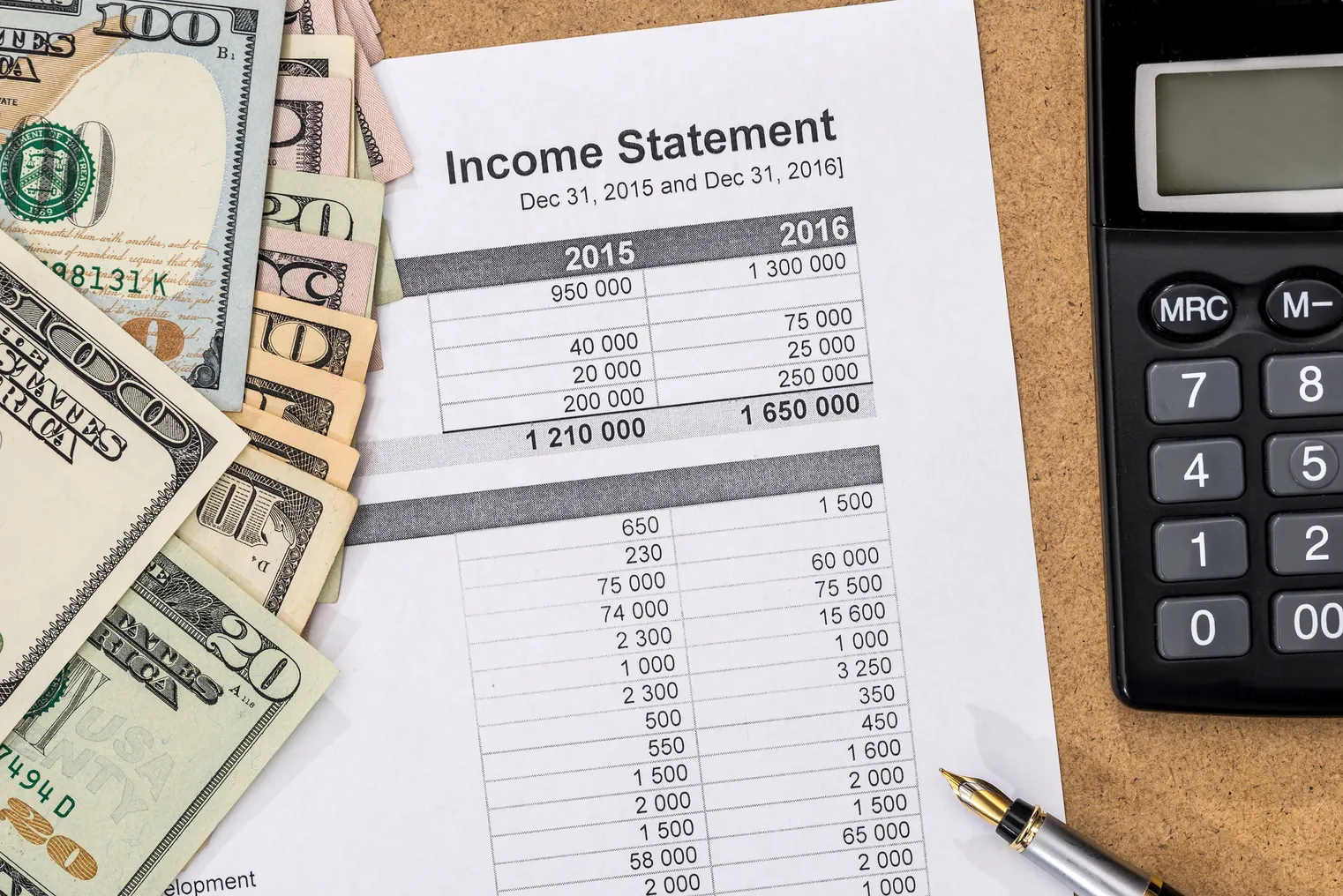 image of an income statement with dollar bills next to it