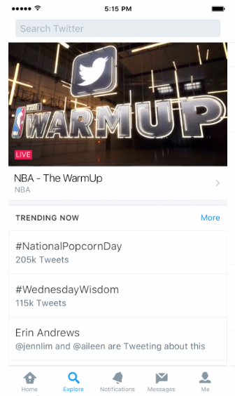 An example of Twitter's Explore feed with live video highlighted