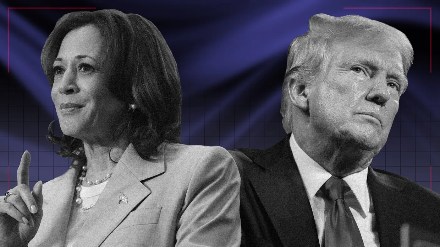 A photo illustration of Kamala Harris and Donald Trump shoulder to shoulder facing away from each other. The background is a purple wave with a grid gradient.