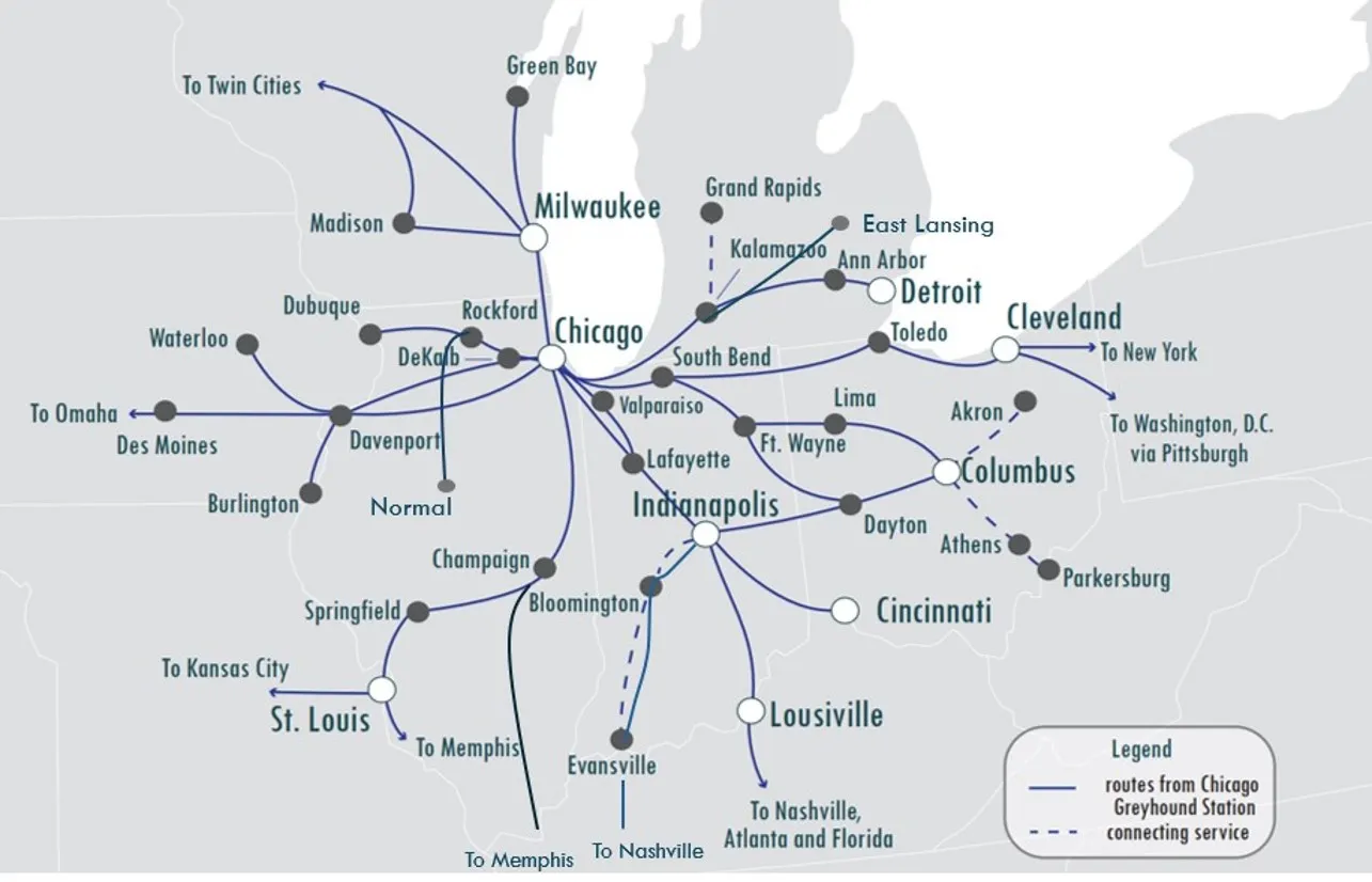 A map of the midwest showing intercity bus routes to and from Chicago.