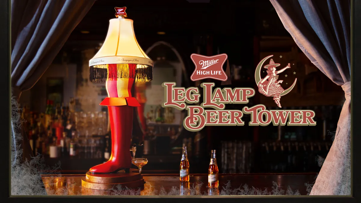 The Miller High Life beer tower shaped like a leg.