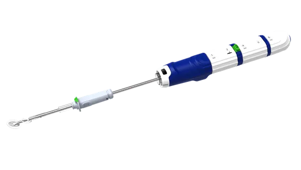 An image of a medical device with a white and blue handle, a metal rod and a circular tip.