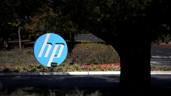The Hewlett Packard (HP) logo is displayed in front of the office complex on October 04, 2019 in Palo Alto, California.