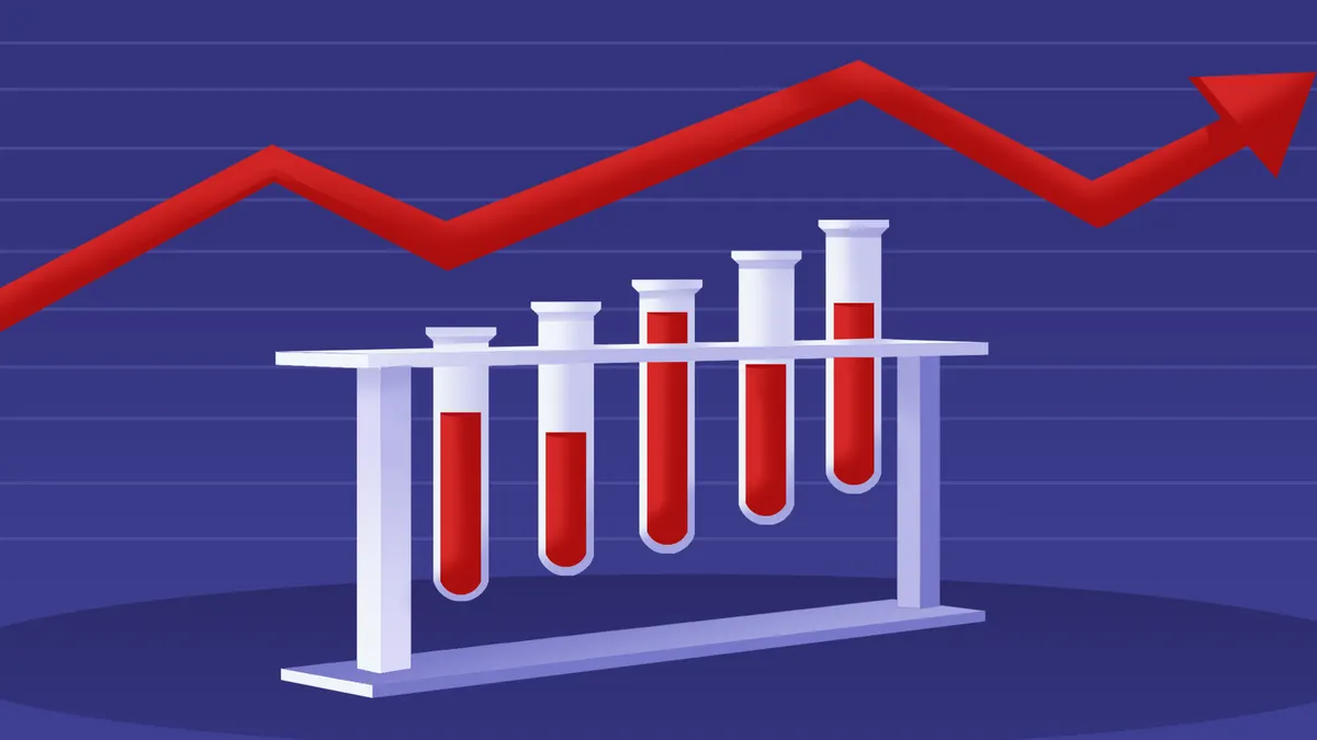 A stylized illustration of test tubes in front of a red line on a chart going up and to the right.