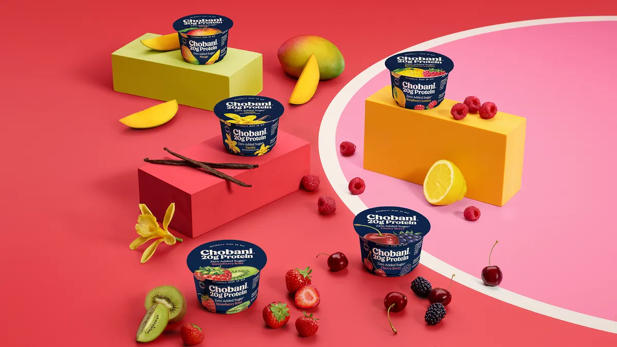 Containers of Chobani High Protein yogurt.