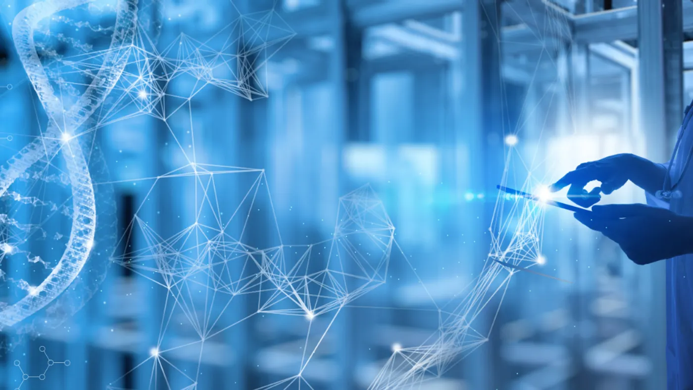 Person wearing a doctor's jacket holding a tablet and digital graphics of DNA circling around the image.