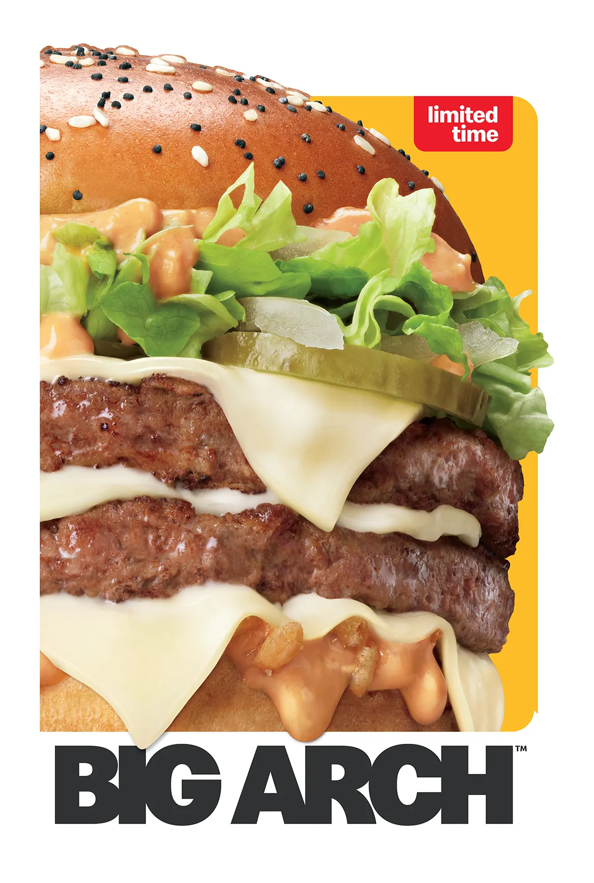 A close up image of a burger with two paties, lettuce, pickles, orange sauces, white cheese in between a poppy seed and sesame seed bun.