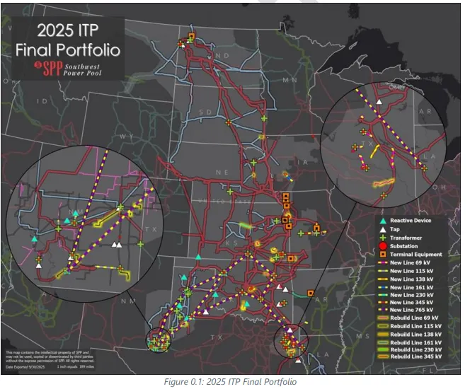 Map shows where Southwest Power Pool will build new 765-kV power lines.
