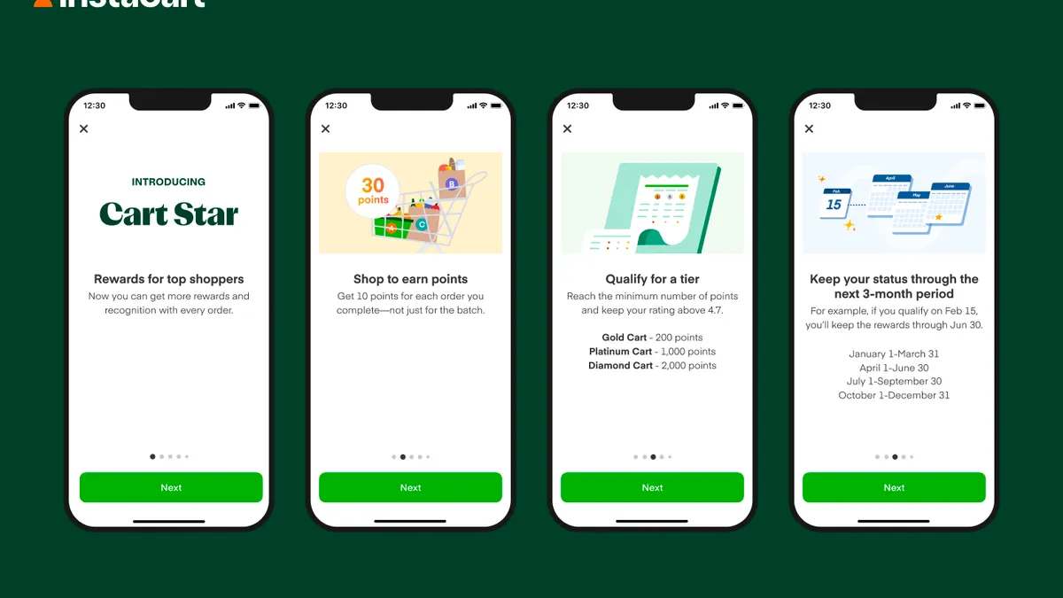 Image of four mobile screens showing features of Instacart's Cart Star program.