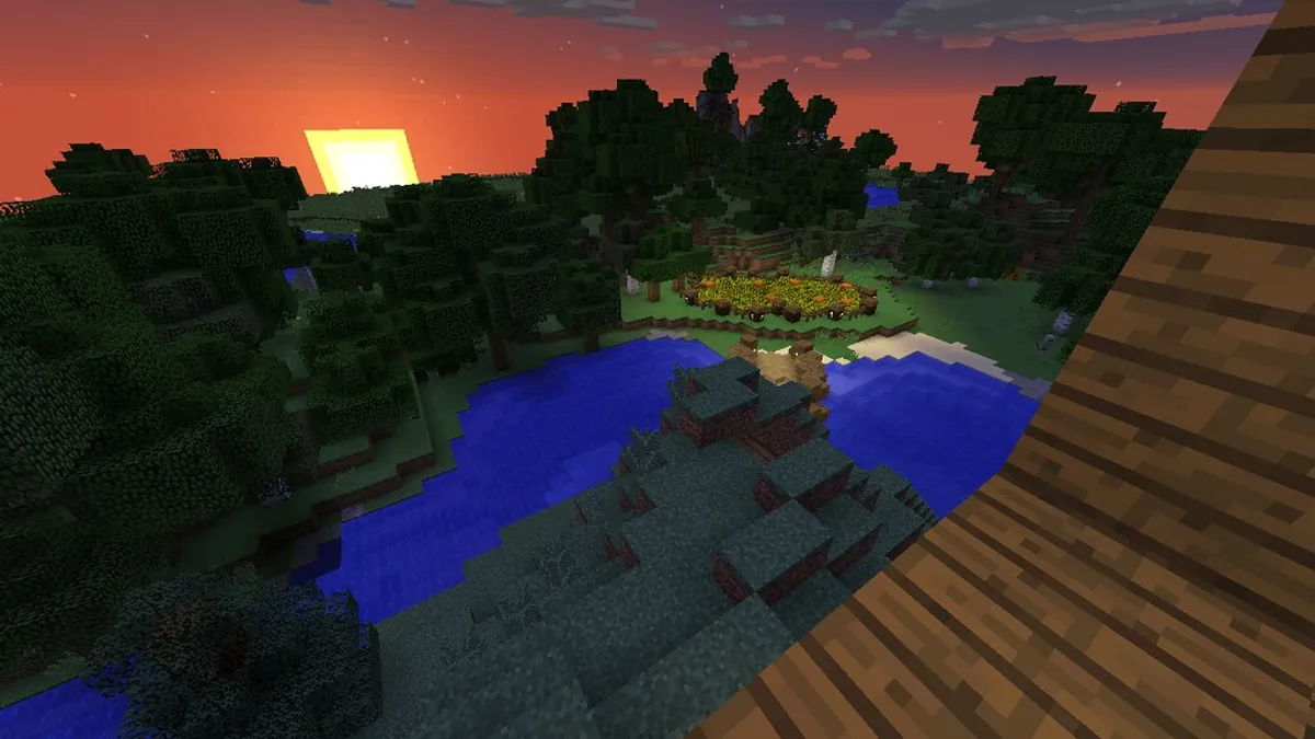 A player pauses to appreciate the sunset in Minecraft.