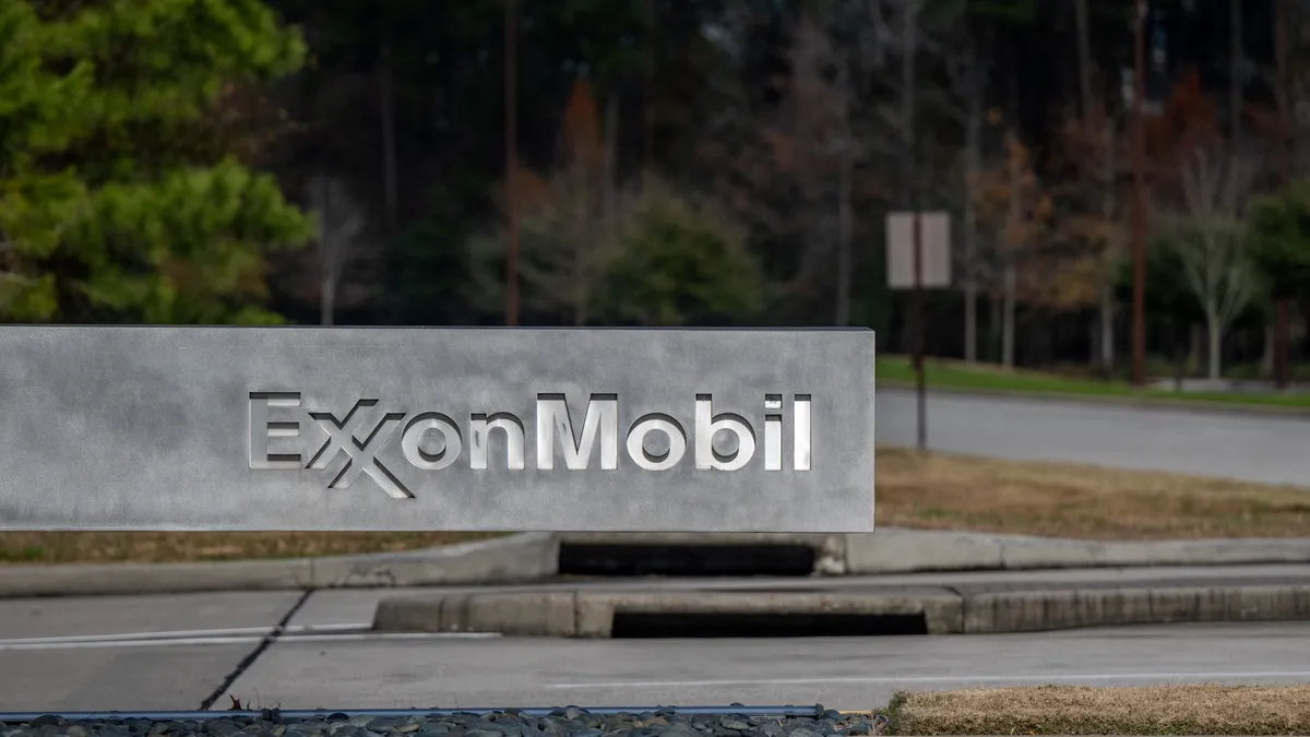 The ExxonMobil logo displayed at its campus in Houston, Texas.