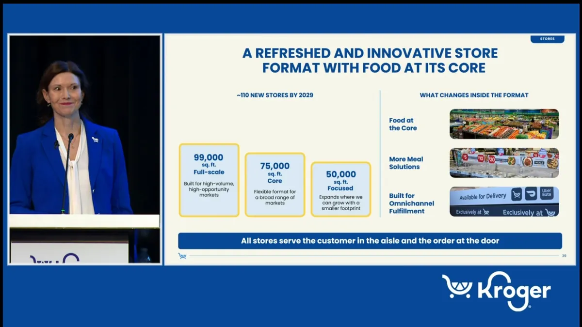 Screenshot of a woman in a royal blue blazer speaking with a slideshow about Kroger's new store formats