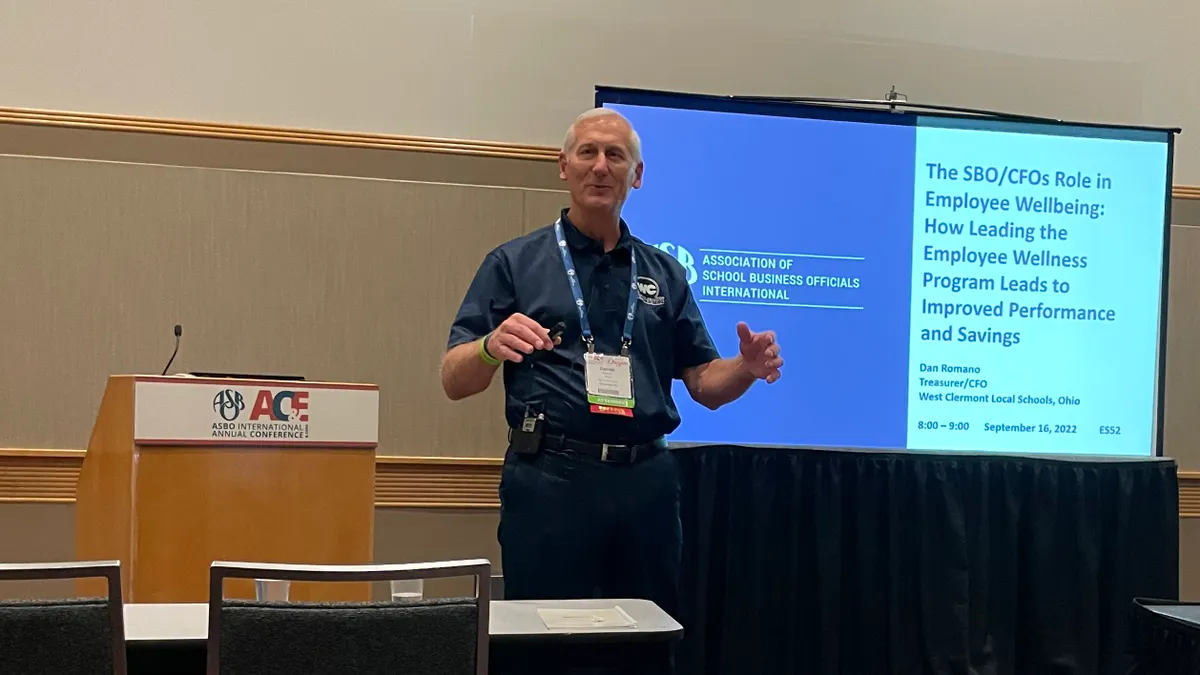 Dan Romano, treasurer and chief financial officer at West Clermont School District in Ohio, shares guidance on creating districtwide wellness programs during a Sept. 16 session at the Association of S