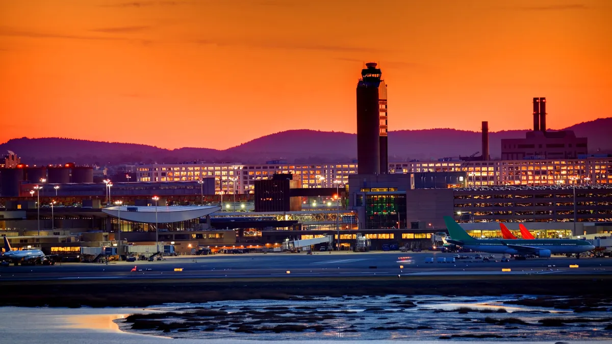 An airport at sunset.