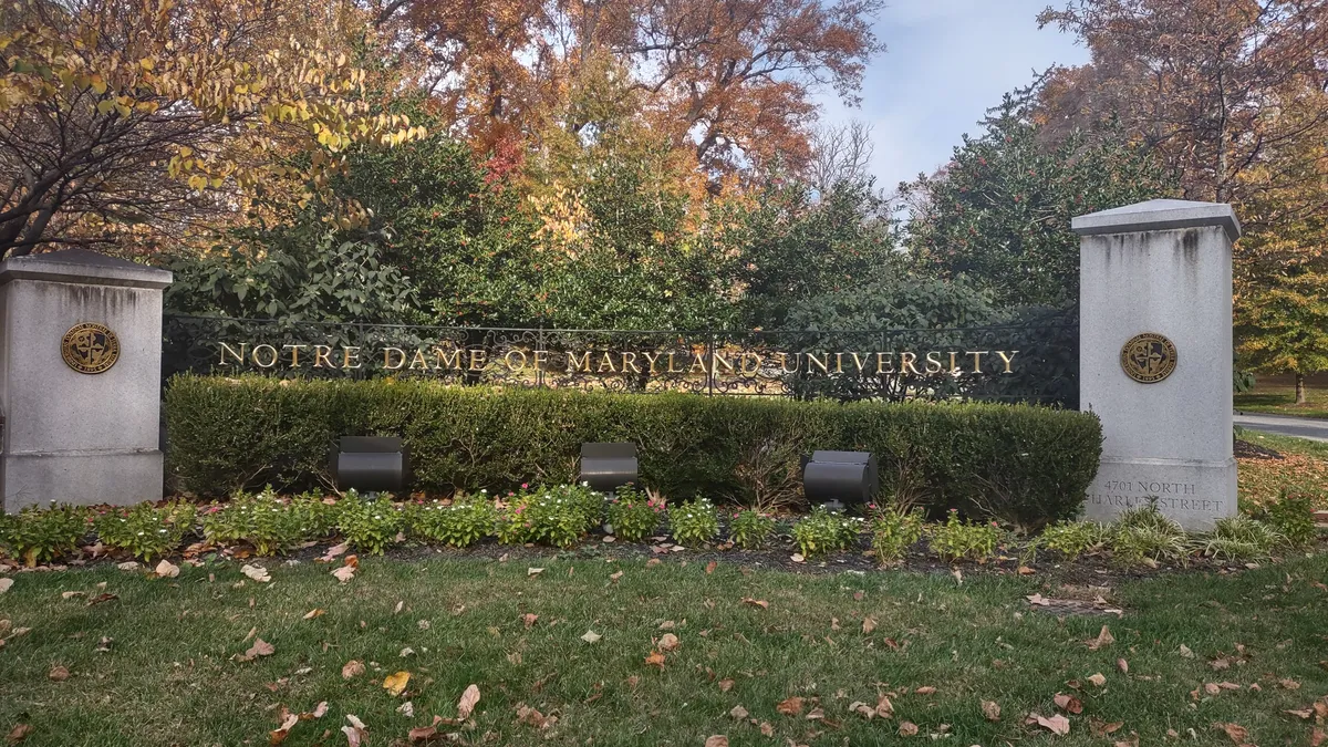 A sign spells out the name of Notre Dame of Maryland University