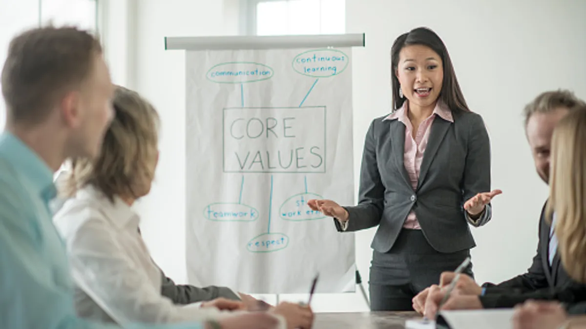 A business person hosts an ethics training on core values