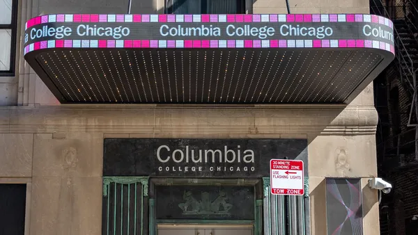 Lighted awning outside Columbia College Chicago building