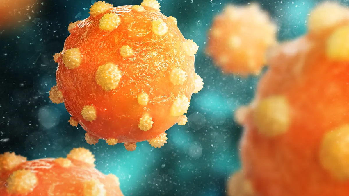 A 3D illustration of the hepatitis B virus.