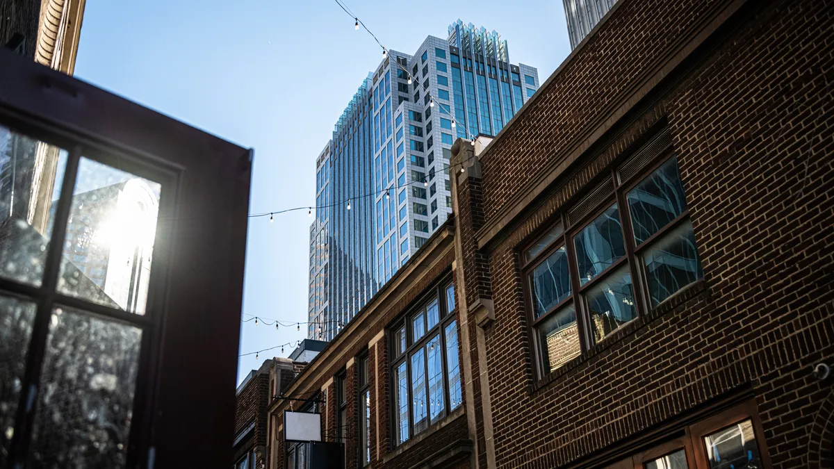 A low-angle look towards the Charlotte, NC, skyline