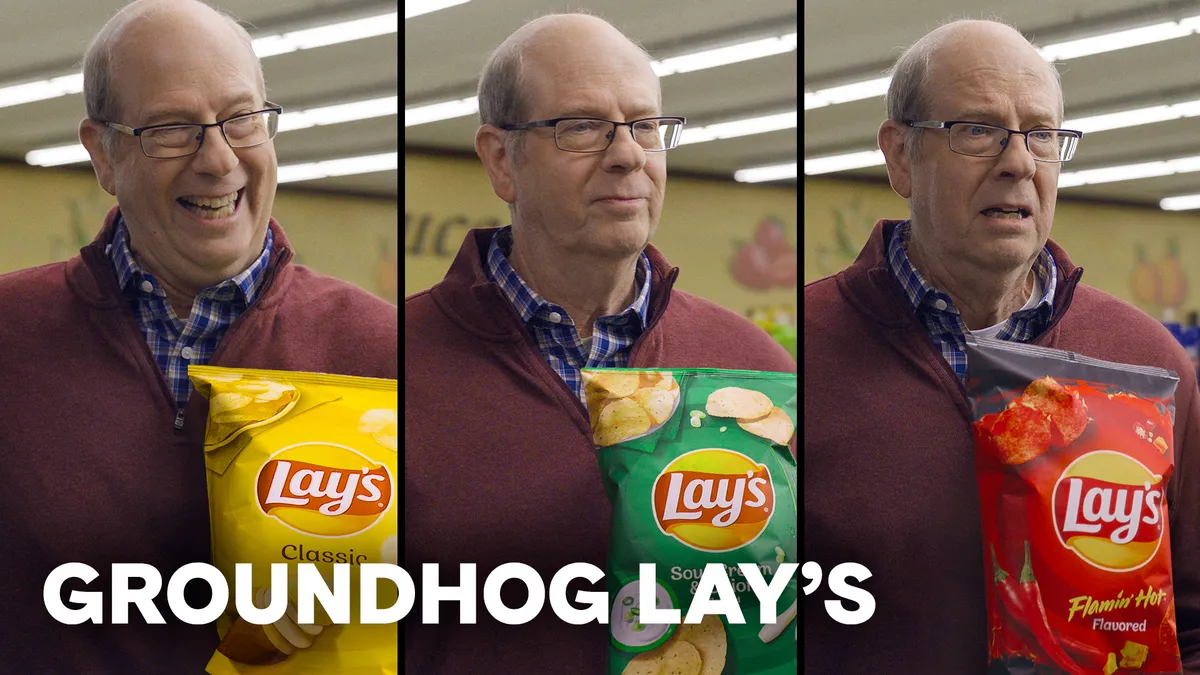 A trio of stills show actor Stephen Tobolowsky buying Lay's chips at a grocery checkout line.