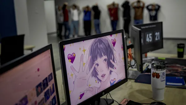 In the foreground is a computer screen displaying an animated image of a girl, and in the background people stand with their hands up on their heads.