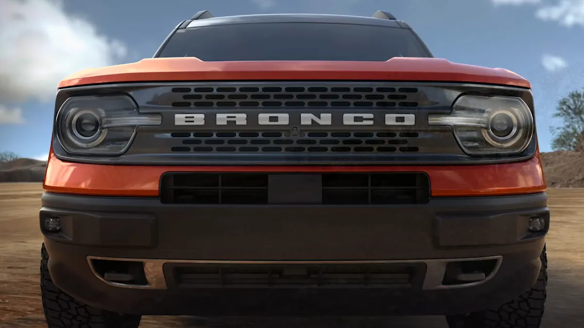 The front grill of a red 2022 Ford Bronco Sport Badlands.