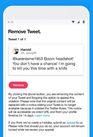 Twitter remove tweet screen