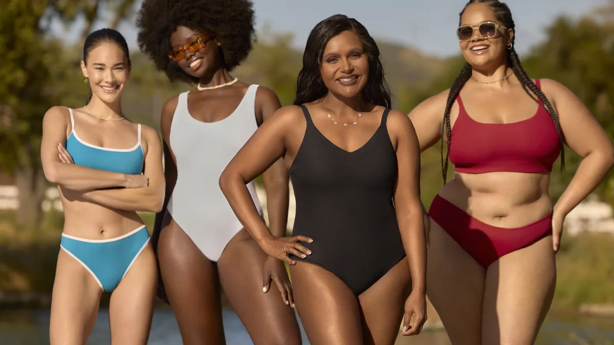 Mindy Kaling and others modeling pieces from the celebrity's second collection with Andie Swim.